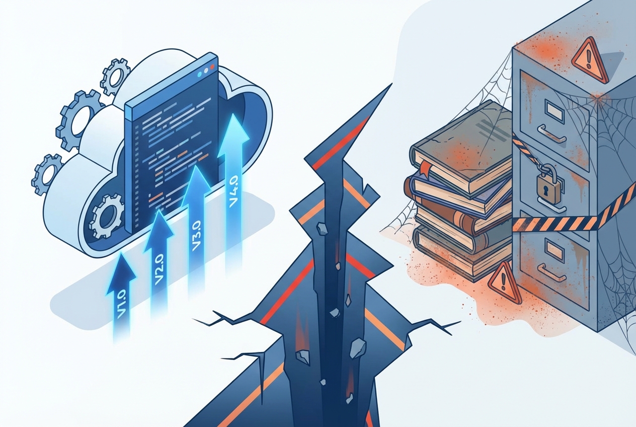 Illustration showing the documentation decay problem - product evolving rapidly while documentation remains frozen