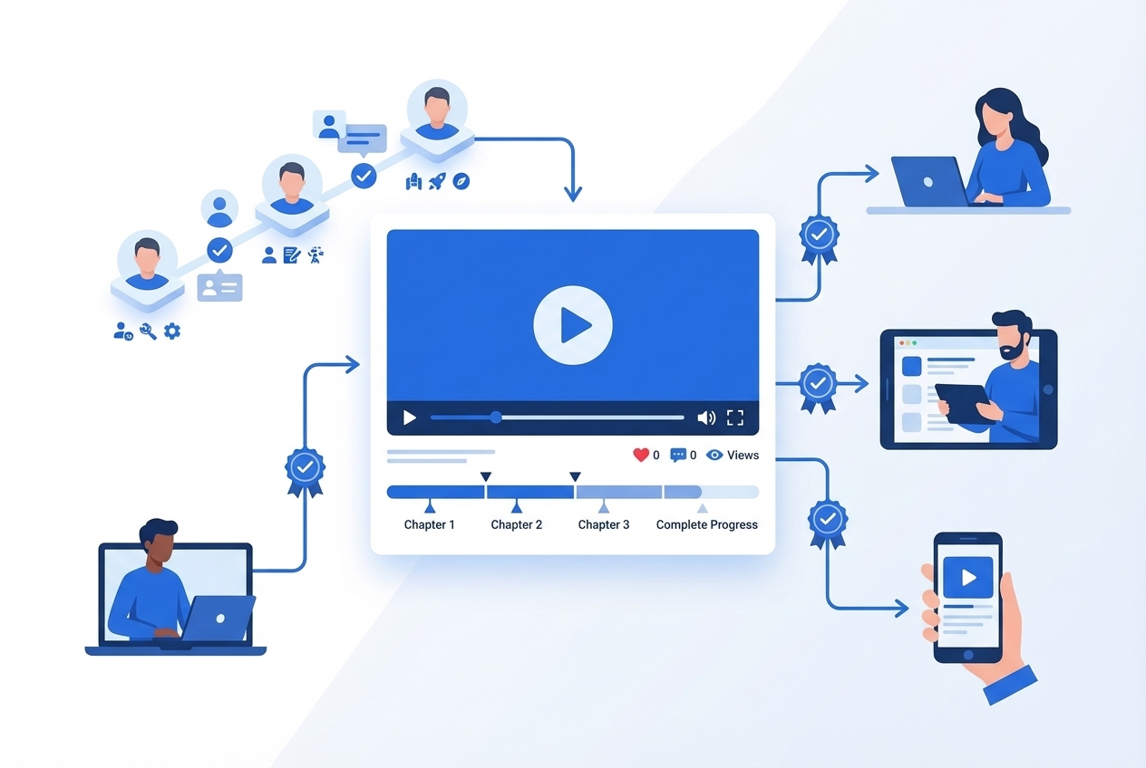 Illustration showing video-first customer onboarding with multiple learning paths