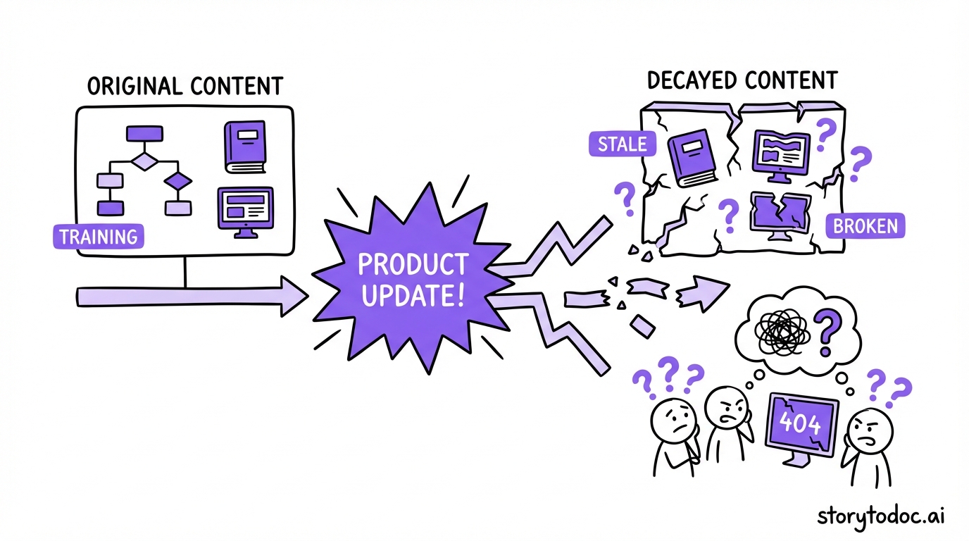 Timeline showing how a product update causes customer training content to go stale, leading to confused users following wrong instructions