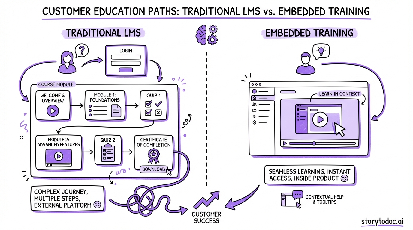 Comparison of traditional LMS with complex course modules versus embedded training with short videos inside the product UI
