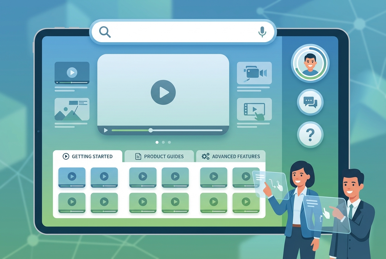 Modern learning center interface with video tutorials and organized categories
