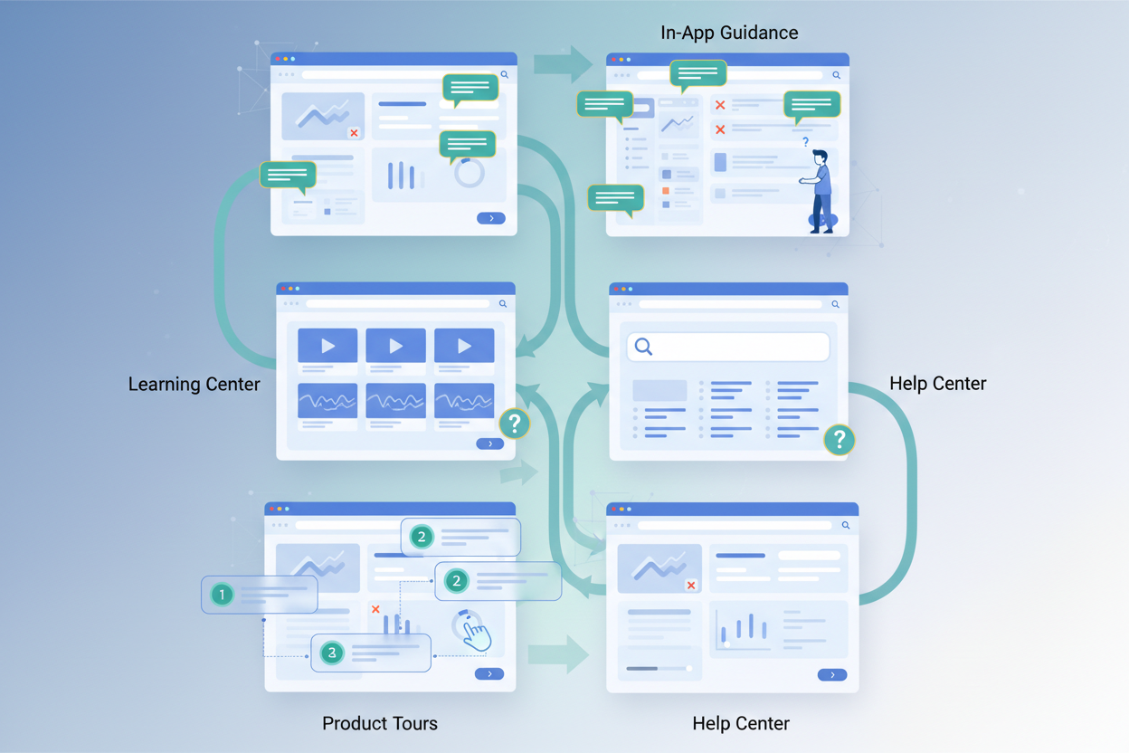 Self-service documentation stack with interactive tours leading to learning center and help center