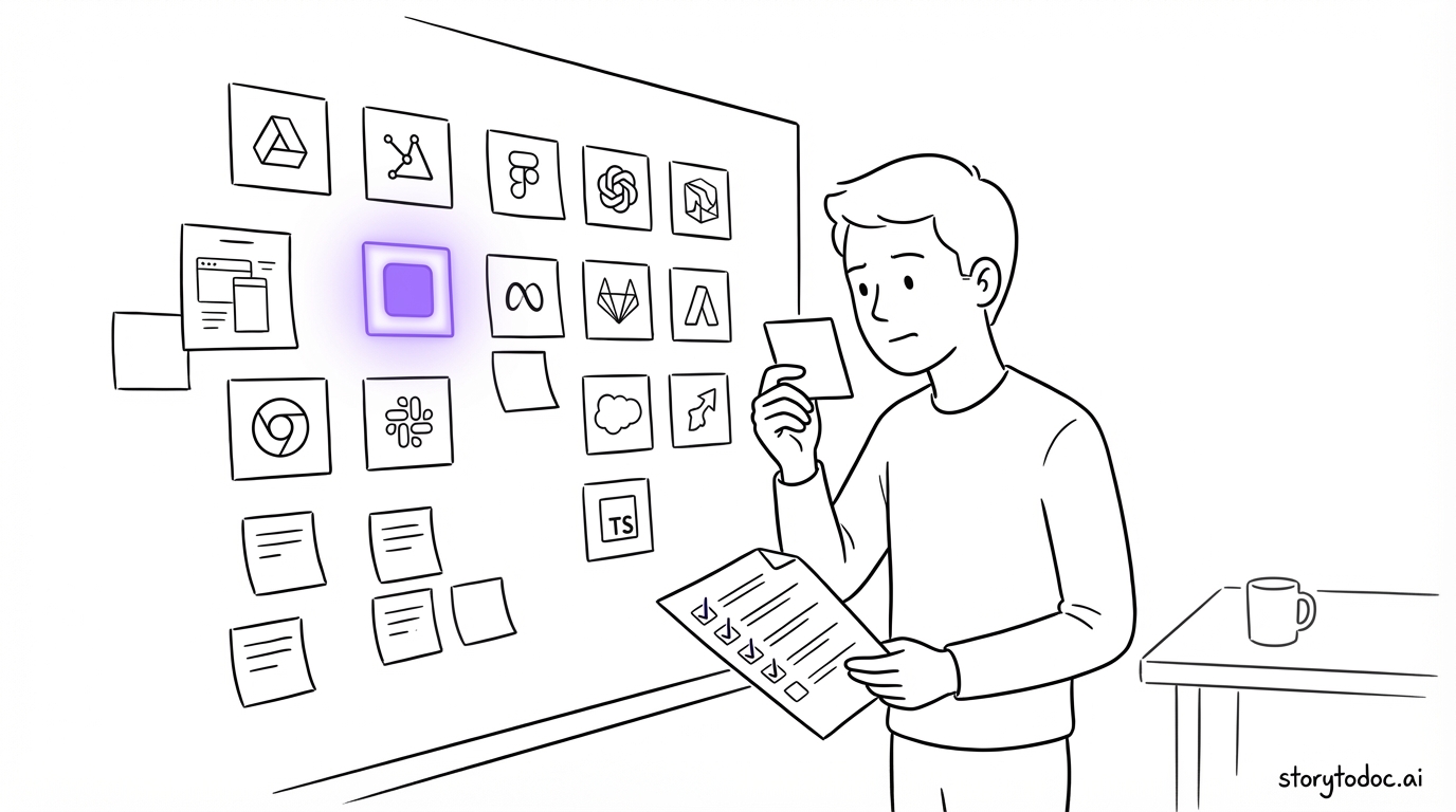 Man evaluating knowledge base tool cards on a board, one highlighted in purple