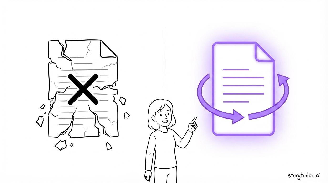 Split comparison showing crumbling static documentation on the left versus glowing auto-updating documentation on the right