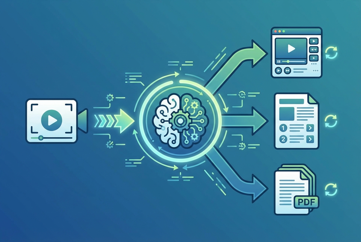 AI-powered documentation workflow transforming a single recording into multiple content formats