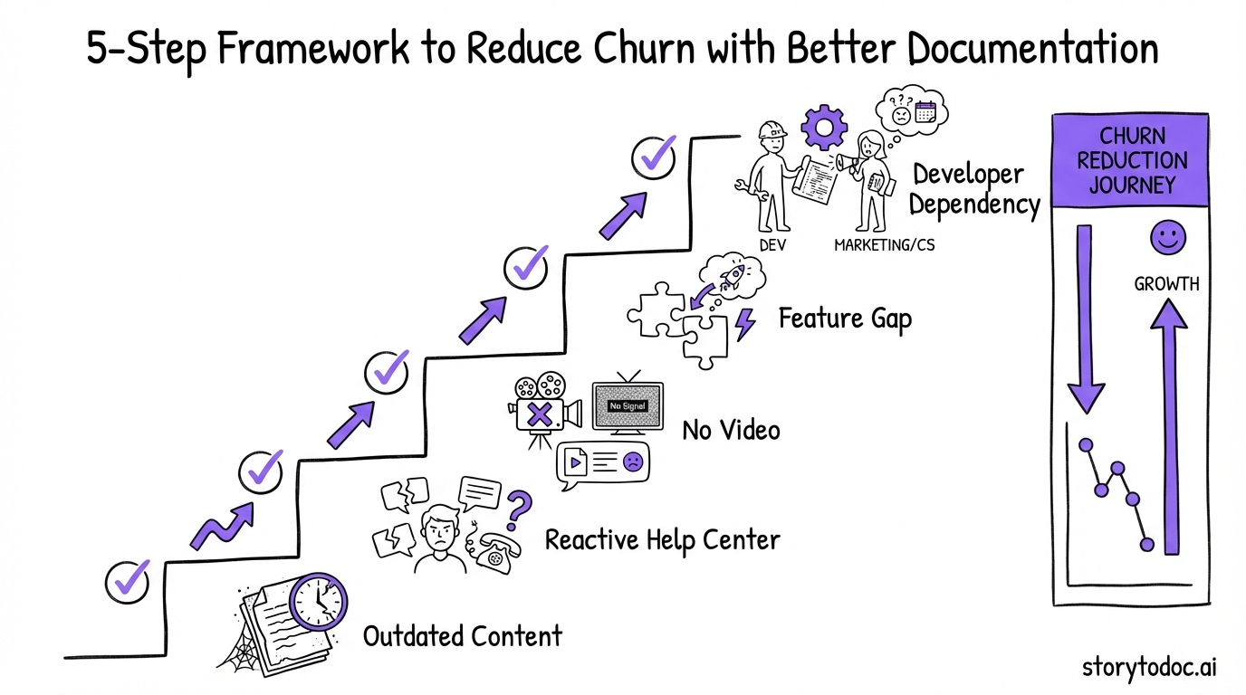Checklist of the 5 documentation problems that drive customer churn in SaaS: outdated content, reactive help center, no video, feature gap, developer dependency