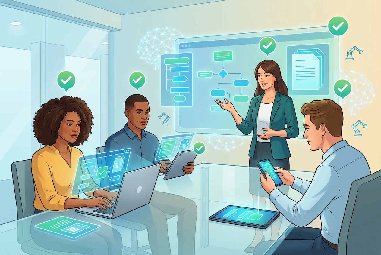 Team using auto-updating SOP software with synchronized documentation