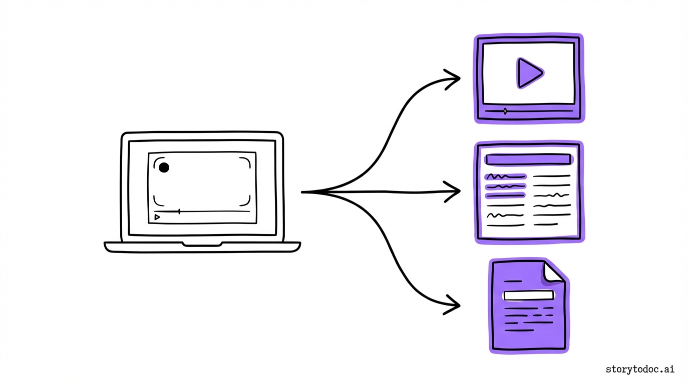 Diagram showing a screen recording branching into three output formats: interactive video, how-to article, and PDF