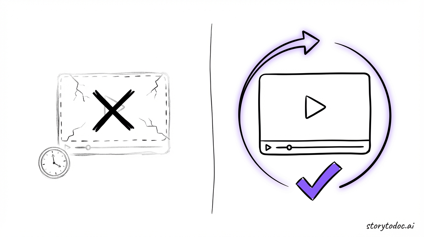 Split comparison showing a stale outdated video on the left with an X mark, and an auto-updated current video on the right with a checkmark