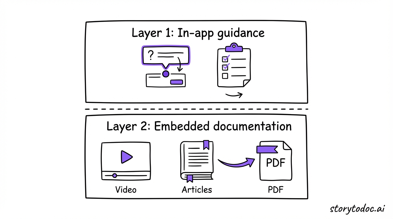 Two-layer framework for SaaS onboarding: Layer 1 in-app guidance with tooltips and checklists, Layer 2 embedded documentation with video, article, and PDF formats