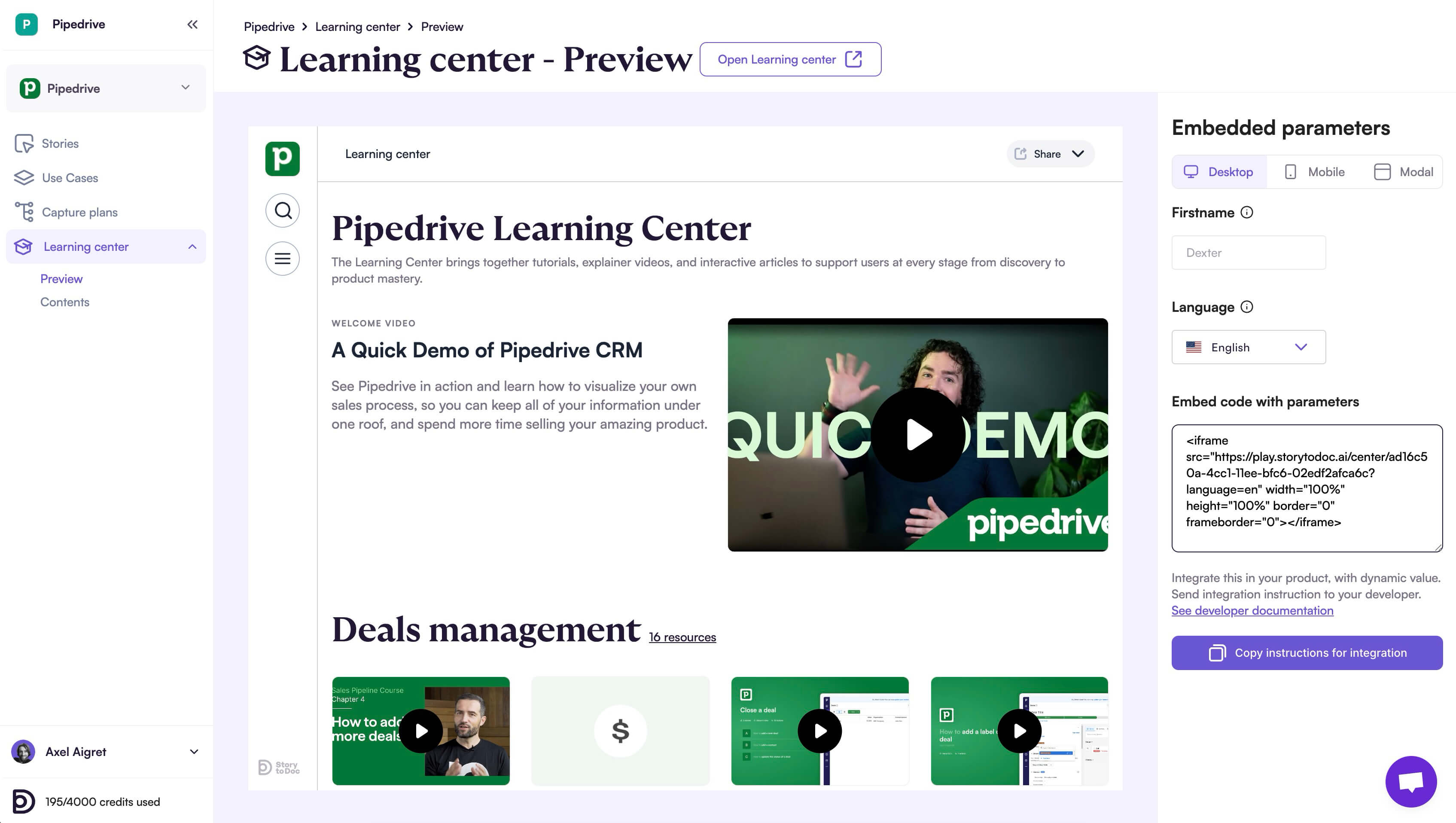 StorytoDoc Learning Center Dashboard